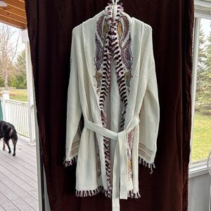 INC International Concepts Cream Knit Shawl-Collar Cardigan with Paisley Trim